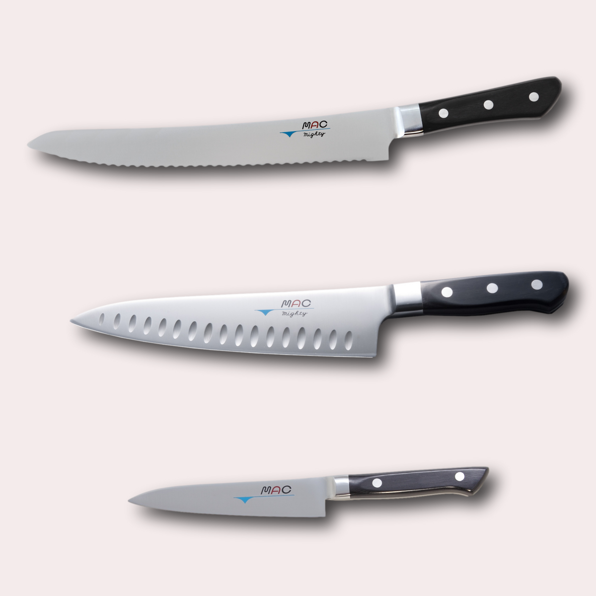 3 piece boxed set of MAC bread, chef and paring knives, supplied by japanese-knives.co.uk