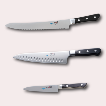 3 piece boxed set of MAC bread, chef and paring knives, supplied by japanese-knives.co.uk