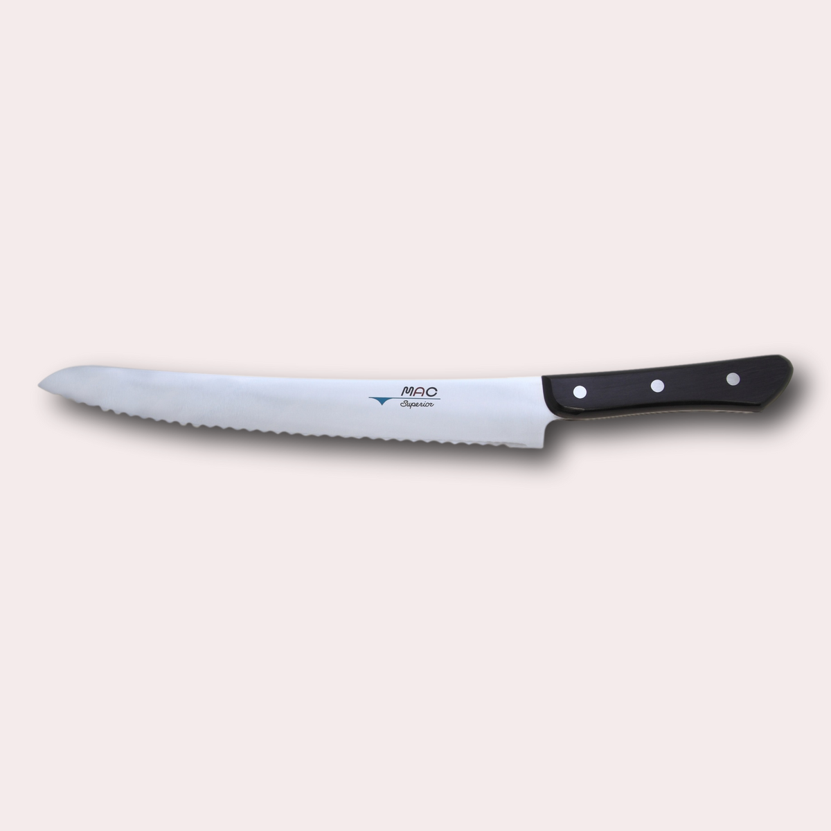 MAC Superior Bread knife.   Extra-hard high-carbon Molybdenum Vanadium alloy blade metal, and riveted black Pakkawood handle.