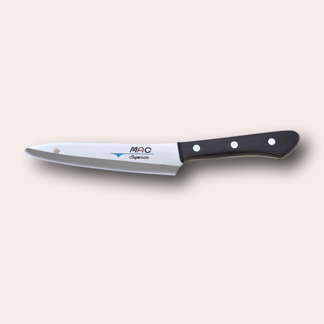 MAC Superior Paring/Utility knife.   Extra-hard high-carbon Molybdenum Vanadium alloy blade metal, and riveted black Pakkawood handle.