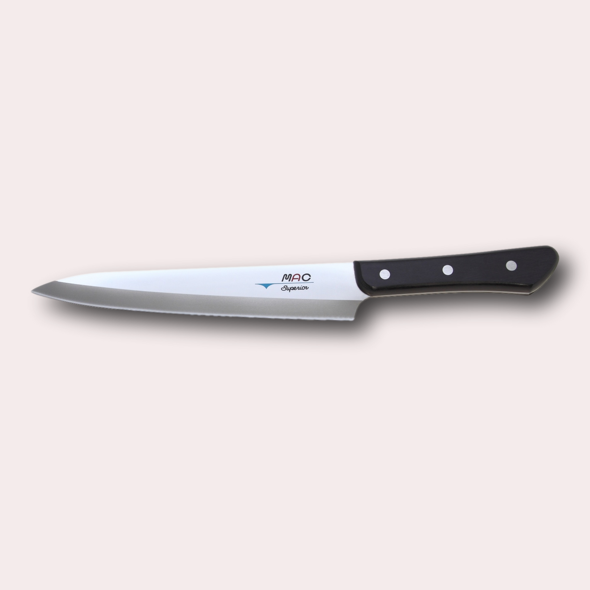MAC Superior Sashimi Slicing knife.   Extra-hard high-carbon Molybdenum Vanadium alloy blade metal, and riveted black Pakkawood handle.
