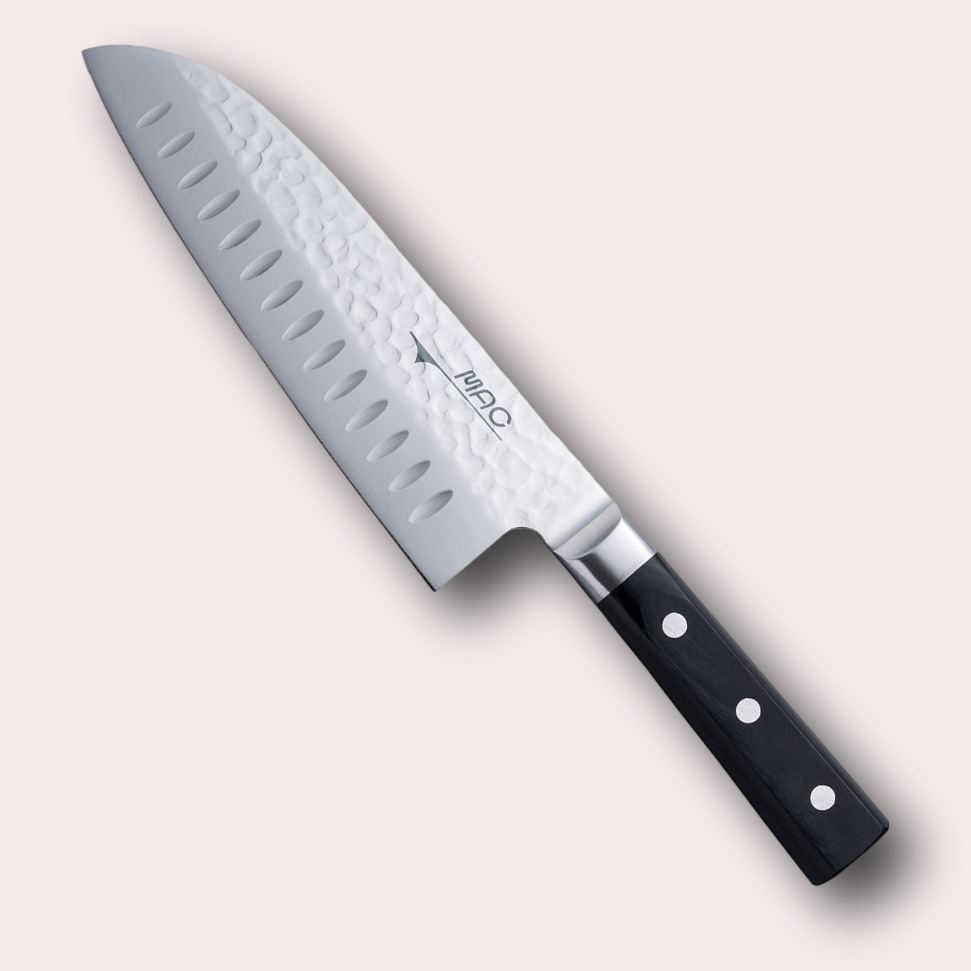 MAC Nashiji santoku knife, hammered blade, half bolster and black pakkawood handle.