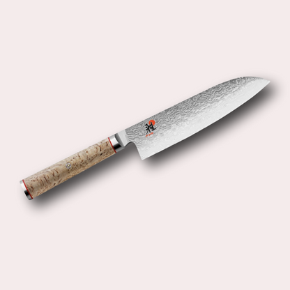 Miyabi 5000MCD Santoku Knife. Premium, ultra high-quality 101 layer Damascus blade, with Masur Birch Handle, and decorative through-pins. japanese-knives.co.uk