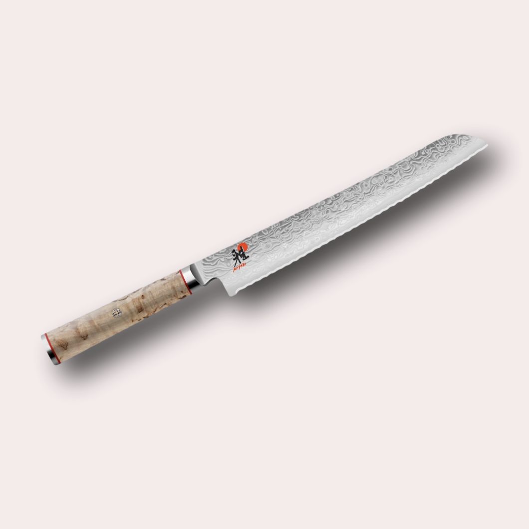 Miyabi 5000MCD Bread Knife. Premium, ultra high-quality 101 layer Damascus blade, with Masur Birch Handle, and decorative through-pins. japanese-knives.co.uk