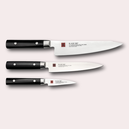 Kasumi 3 piece set, chef , utility and paring knives sold by japanese-knives.co.uk
