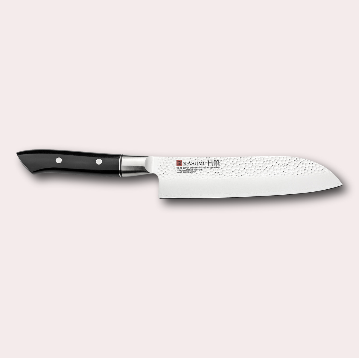 Kasumi HM Hammered range.  Santoku knife with 3 ply blade, hammered finish. Sculpted POM handle.