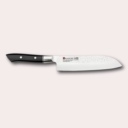 Kasumi HM Hammered range.  Santoku knife with 3 ply blade, hammered finish. Sculpted POM handle.