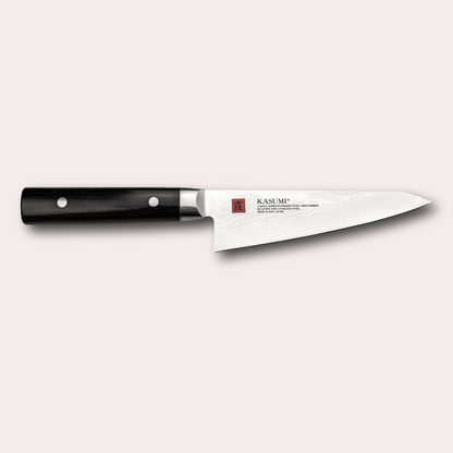 Kasumi Damascus chef and utility knife.  32 layers damascus blade with a vg-10 core, and a black pakkawood handle.  Sold by japanese-knives.co.uk
