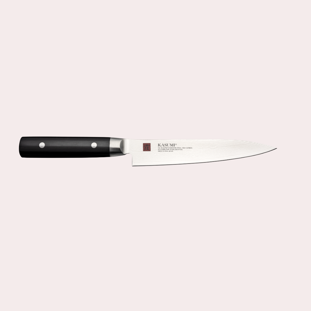 Kasumi Damascus utility knife.  32 layers damascus blade with a vg-10 core, and a black pakkawood handle.  Sold by japanese-knives.co.uk