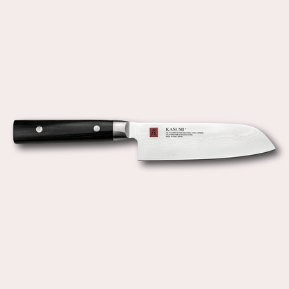 Kasumi Damascus Santoku knife.  32 layers damascus blade with a vg-10 core, and a black pakkawood handle.  Sold by japanese-knives.co.uk