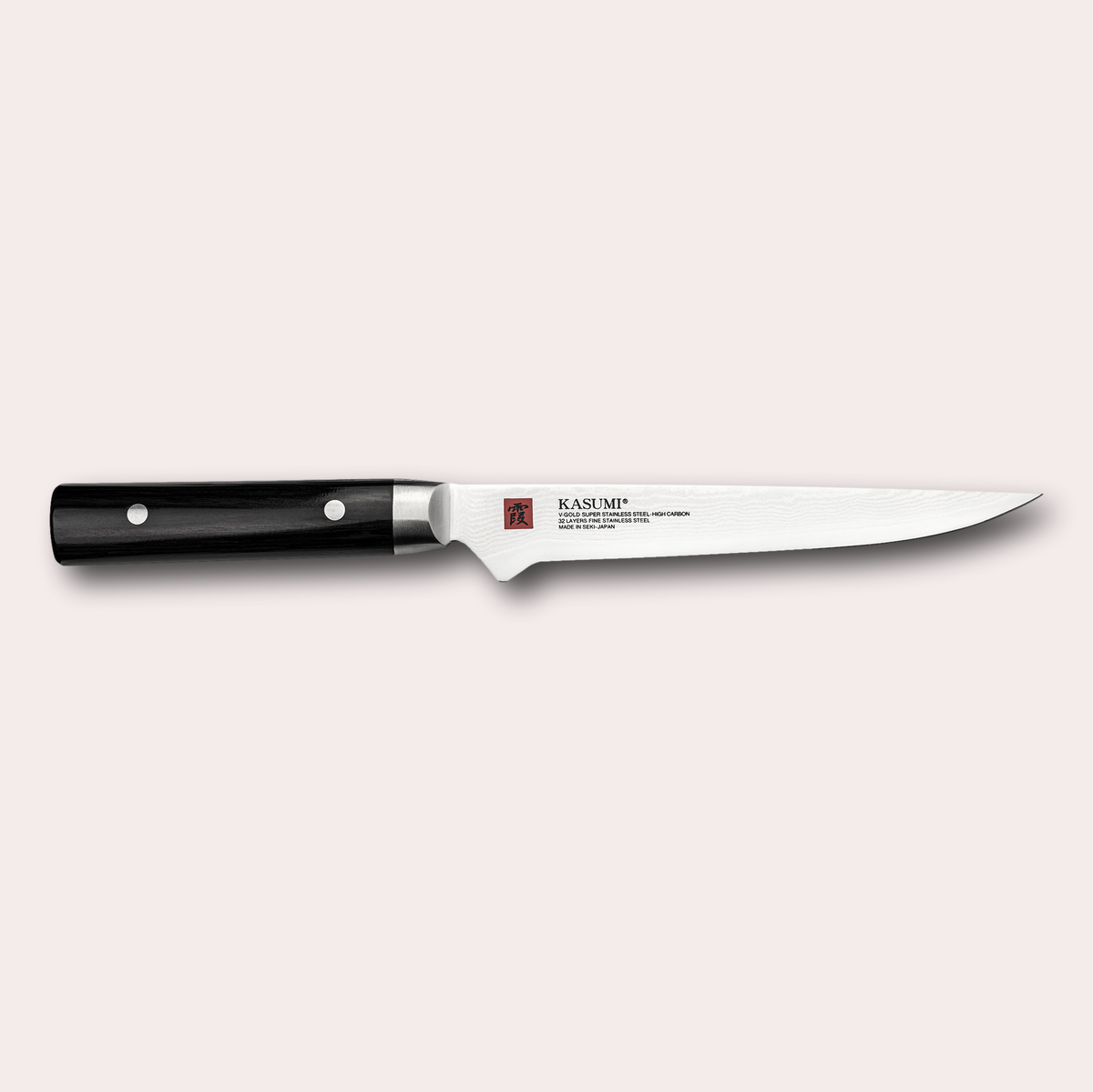 Kasumi Damascus Boning knife.  32 layers damascus blade with a vg-10 core, and a black pakkawood handle.  Sold by japanese-knives.co.uk