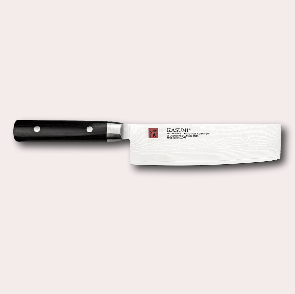 Kasumi Damascus Nakiri knife.  32 layers damascus blade with a vg-10 core, and a black pakkawood handle.  Sold by japanese-knives.co.uk