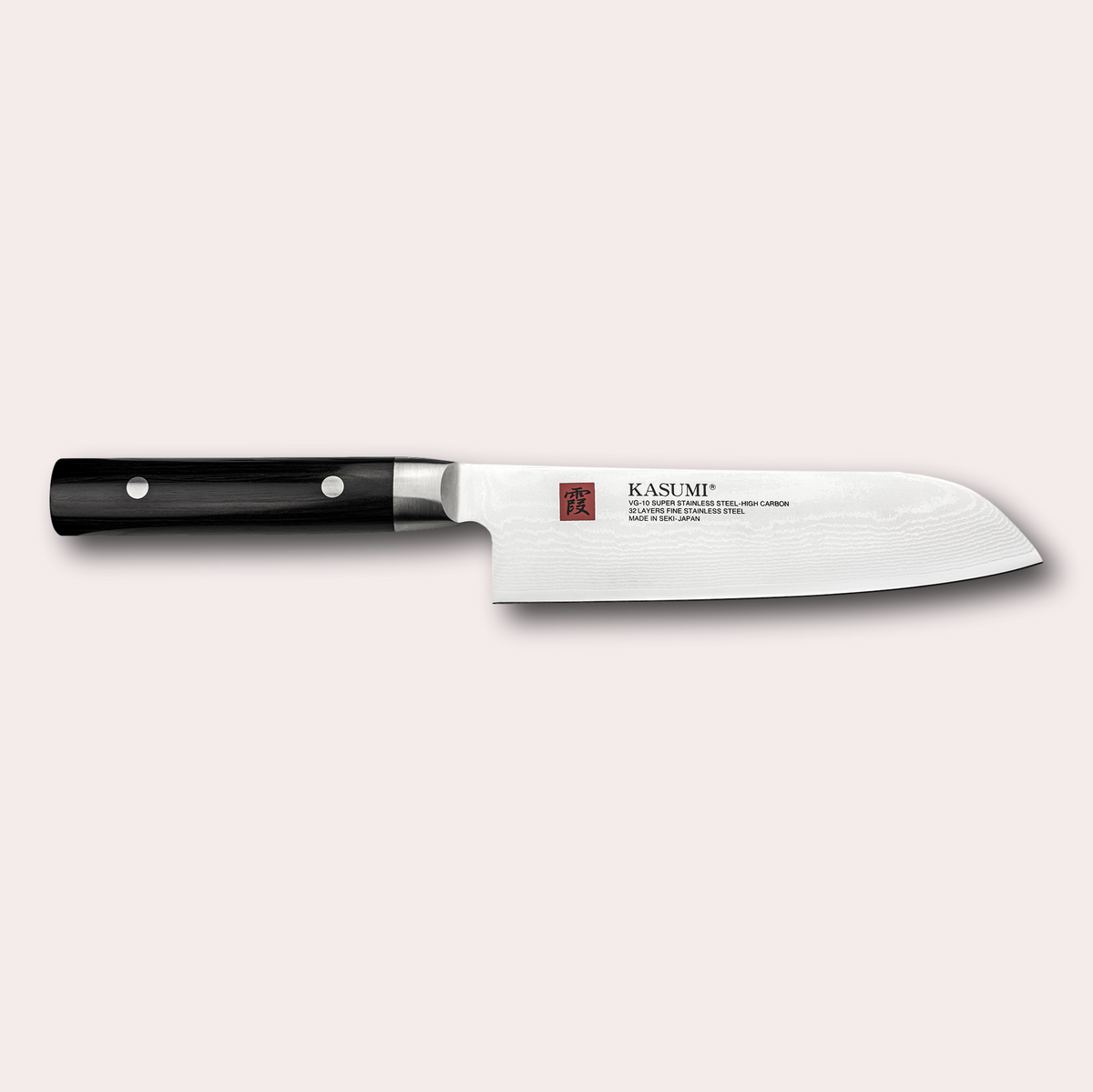 Kasumi Damascus Santoku knife.  32 layers damascus blade with a vg-10 core, and a black pakkawood handle.  Sold by japanese-knives.co.uk