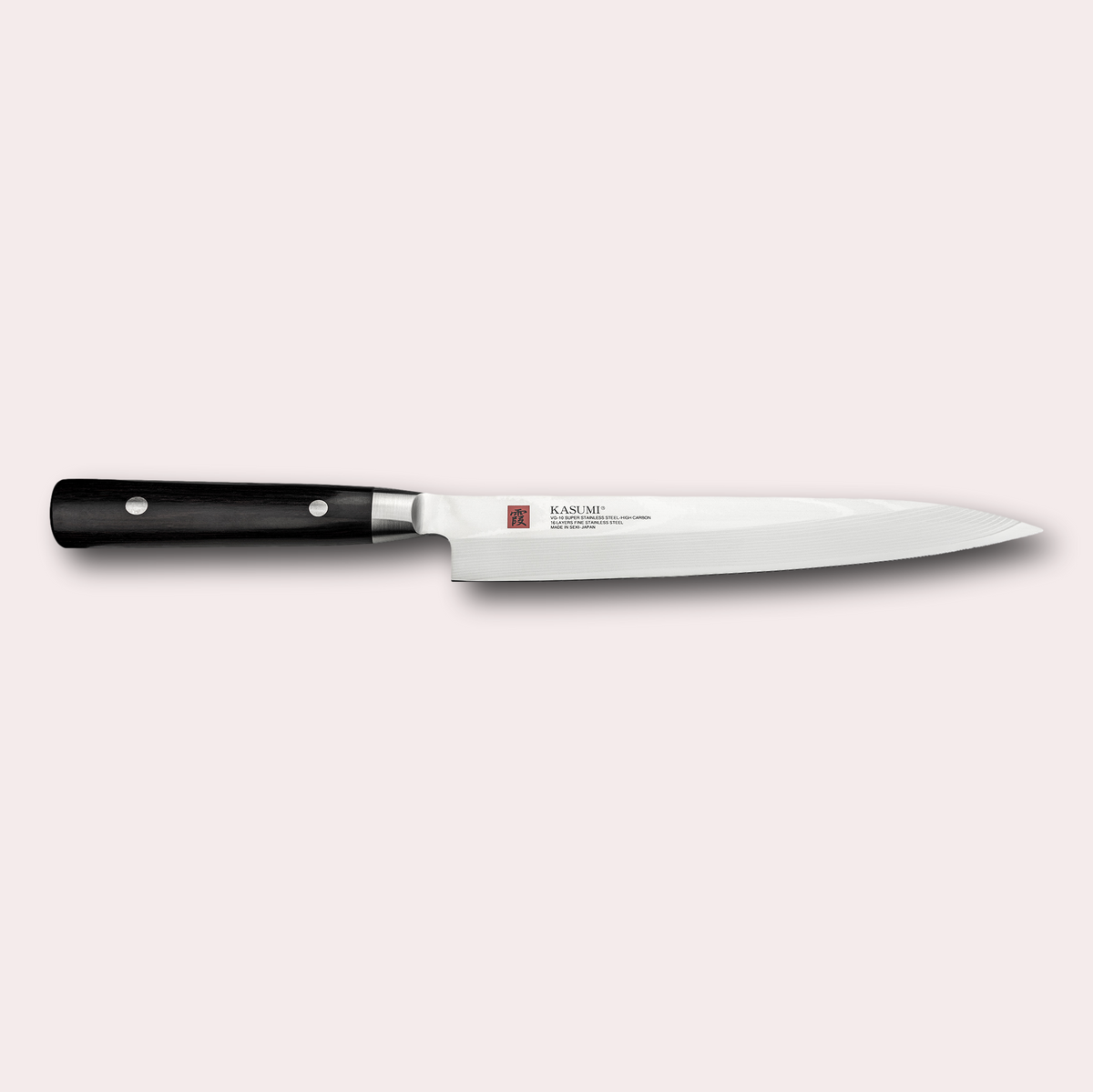 Kasumi Damascus Sashimi knife.  32 layers damascus blade with a vg-10 core, and a black pakkawood handle.  Sold by japanese-knives.co.uk