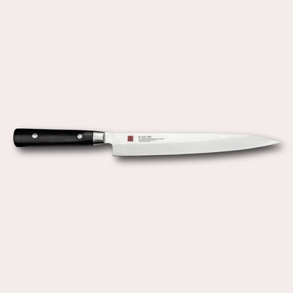Kasumi Damascus Sashimi knife.  32 layers damascus blade with a vg-10 core, and a black pakkawood handle.  Sold by japanese-knives.co.uk
