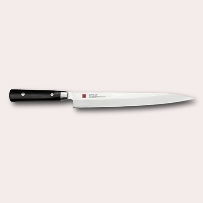 Kasumi Damascus Sashimi knife.  32 layers damascus blade with a vg-10 core, and a black pakkawood handle.  Sold by japanese-knives.co.uk