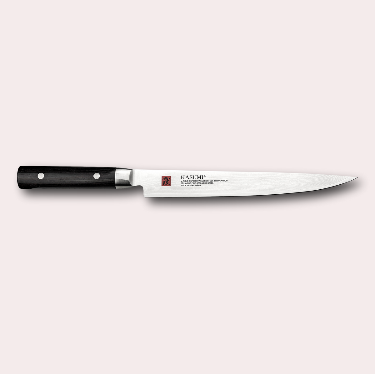 Kasumi Damascus Slicing knife.  32 layers damascus blade with a vg-10 core, and a black pakkawood handle.  Sold by japanese-knives.co.uk
