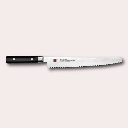 Kasumi Damascus Bread knife.  32 layers damascus blade with a vg-10 core, and a black pakkawood handle.  Sold by japanese-knives.co.uk