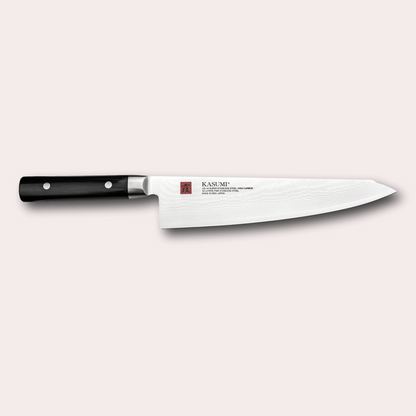 Kasumi Damascus Chef knife.  32 layers damascus blade with a vg-10 core, and a black pakkawood handle.  Sold by japanese-knives.co.uk