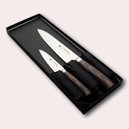 Tamahagane San 2 piece box set, chef and paring knives, with special steel blade, and brown micarta handle.  Sold by japanese-knives.co.uk