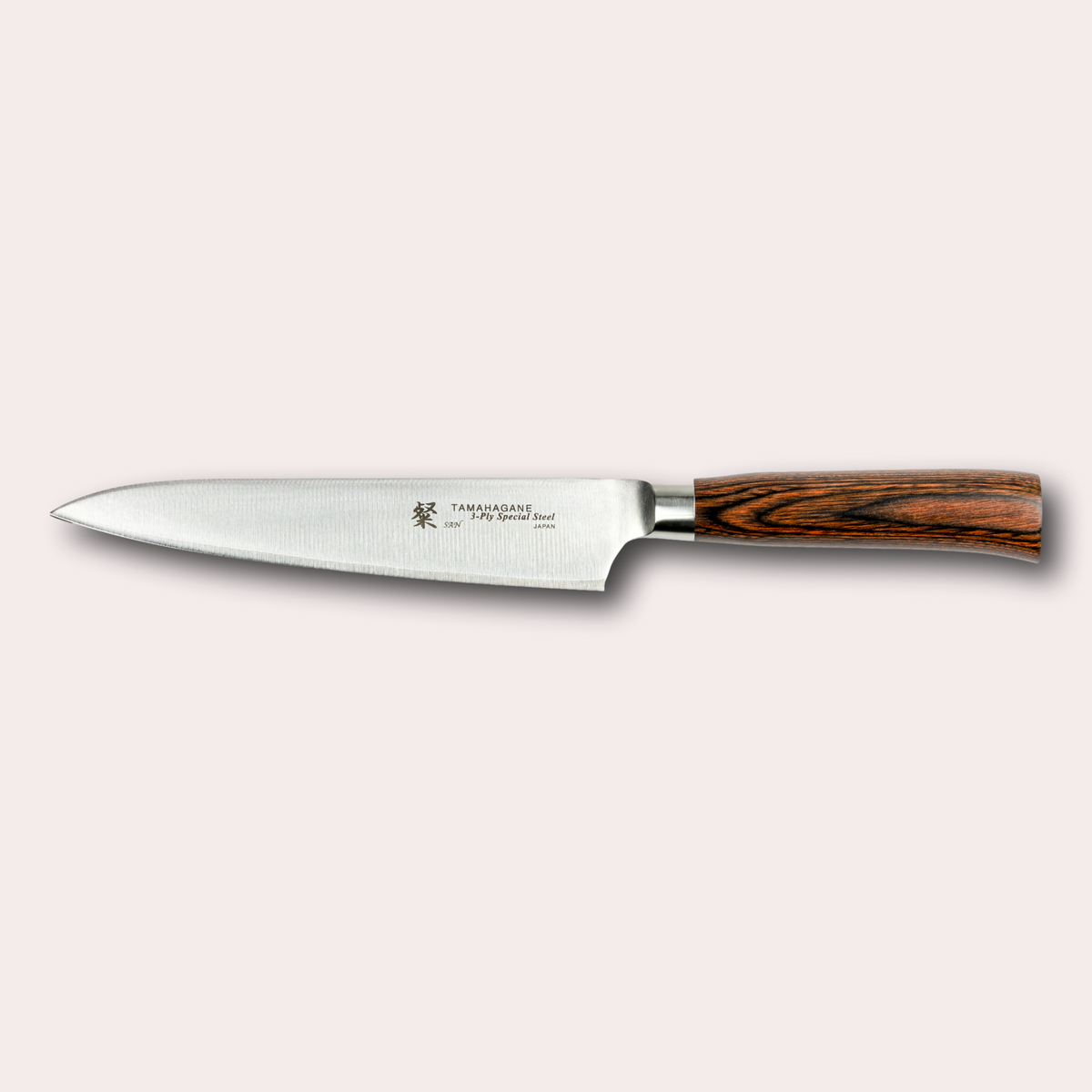 Tamahagane San utility knife, with 3 ply special steel blade, and brown micarta handle.  Sold by japanese-knives.co.uk