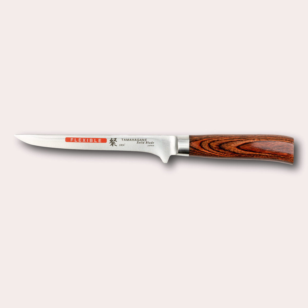 Tamahagane San flexible filleting knife, with special steel blade, and brown micarta handle.  Sold by japanese-knives.co.uk
