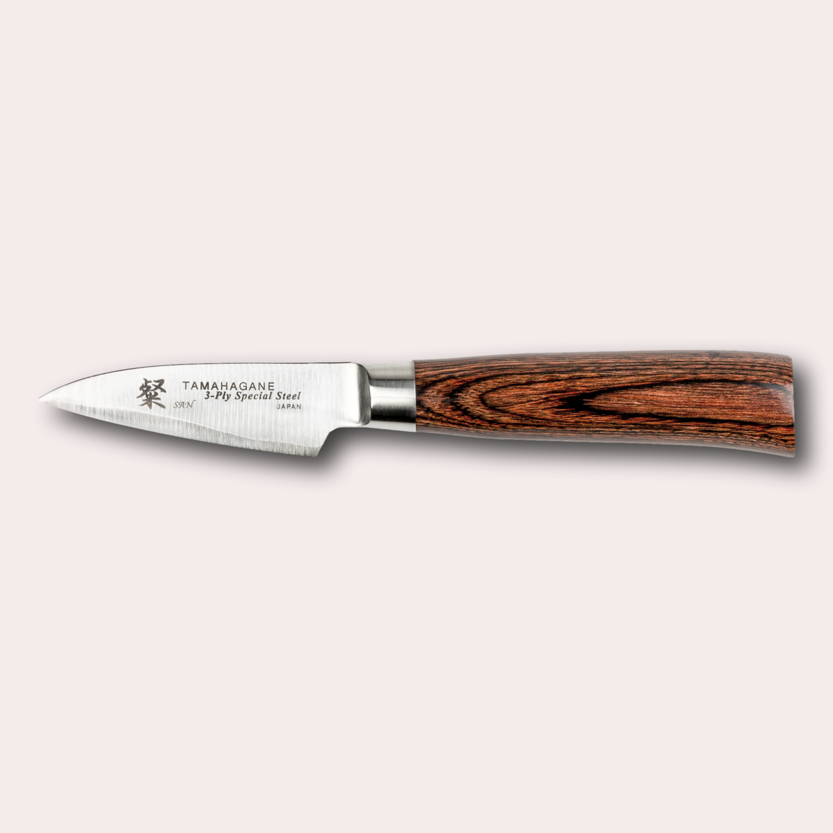Tamahagane San paring knife, with 3 ply special steel blade, and brown micarta handle.  Sold by japanese-knives.co.uk