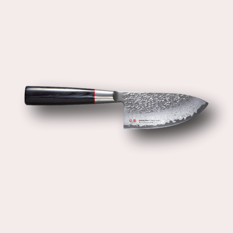 Suncraft Senzo mini chef knife knife with VG10 hammered finish blade, and black pakkawood handle.
