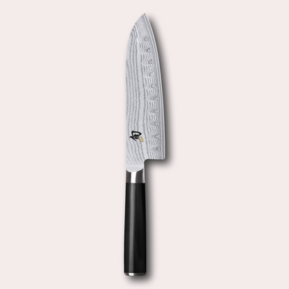 KAI Shun 18cm hollow edge santoku Knife , damascus blade with razor sharp edge and black pakkawood handle. 