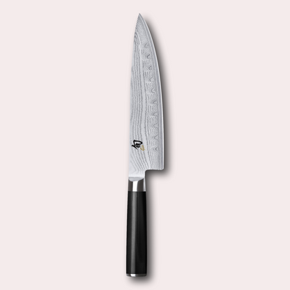 KAI Shun 20cm hollow edge chef Knife , damascus blade with razor sharp edge and black pakkawood handle. 