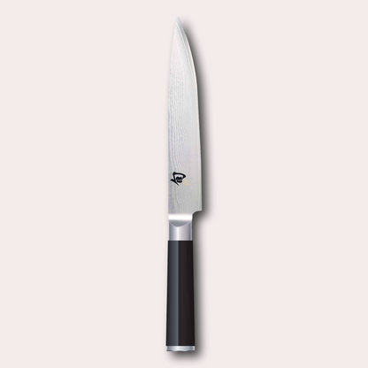 KAI Shun 18cm slicing Knife , damascus blade with razor sharp edge and black pakkawood handle. 