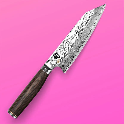 Kai Shun Premier kiritsuke lucky number 13 knife. VG max blade wrapped in 32 layers of Damascus steel with a hammered finish, and brown pakkawood handle. Limited edition with serial number.  japanese-knives.co.uk