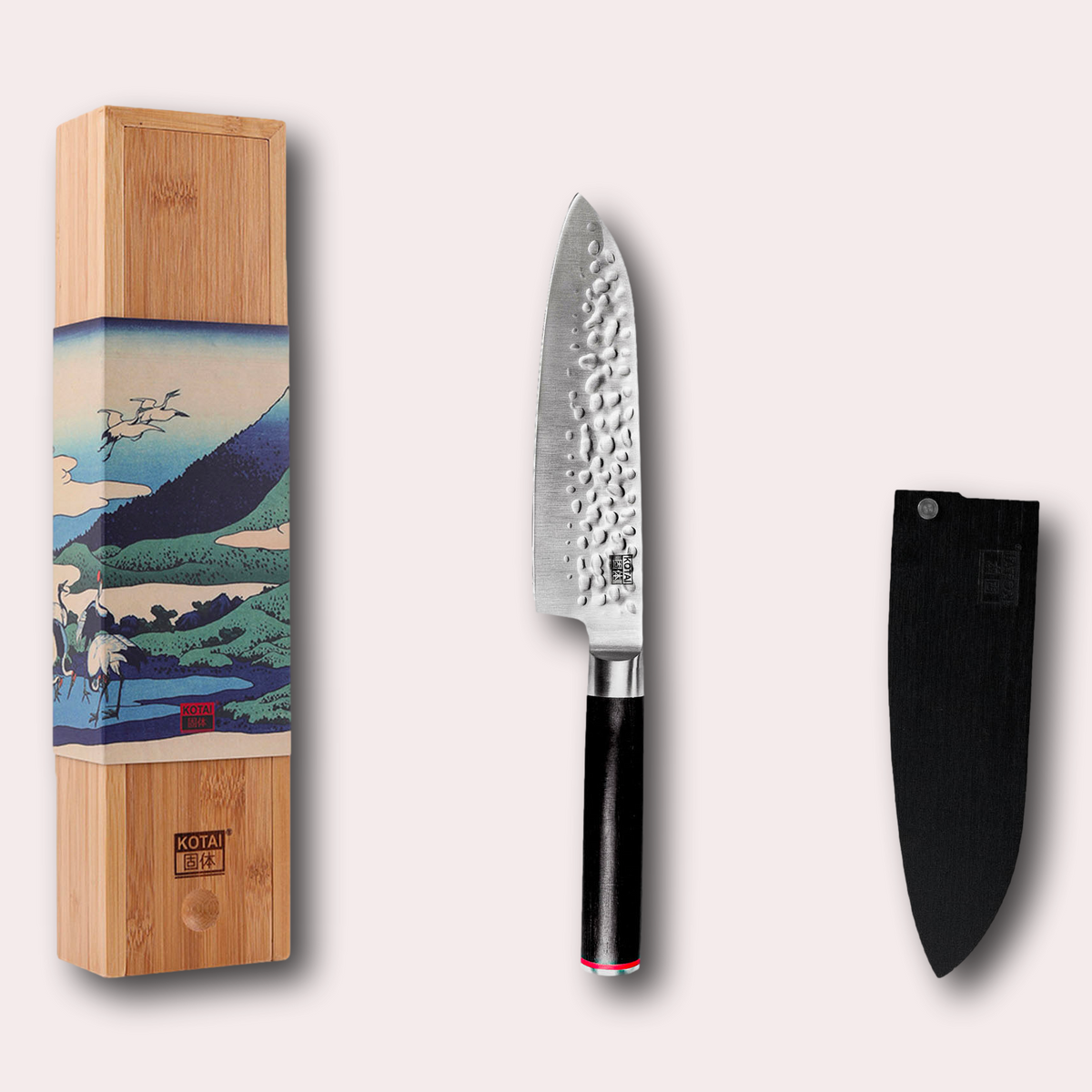 Kotai Pakka 440c japanese santoku knife. Hammered finshed blade with rounded pakkawood handle.