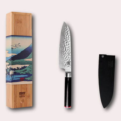 Kotai Pakka 440c japanese santoku knife. Hammered finshed blade with rounded pakkawood handle.